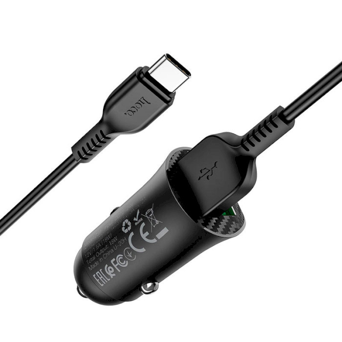 Автомобільний зарядний пристрій HOCO Z39 Farsighted 2xUSB-A, QC3.0 Black w/Type-C cable (6931474735089)