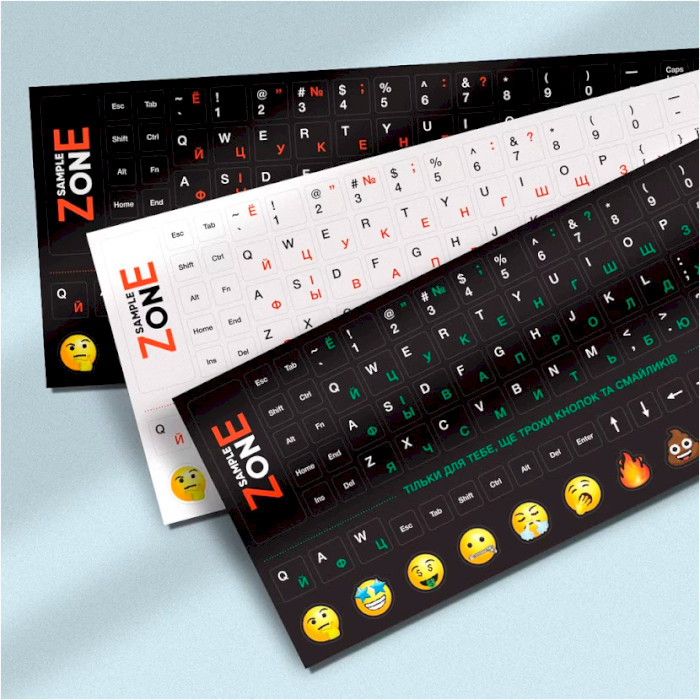 Наліпки на клавіатуру SampleZone чорні із зеленими та білими літерами, EN/UA/RU (SZ-BK-GS)