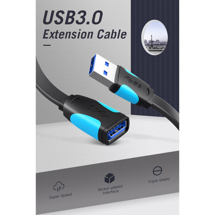 Кабель-удлинитель VENTION Flat USB AM/AF 3.0 Extension Cable 1.5м Black (VAS-A13-B150)