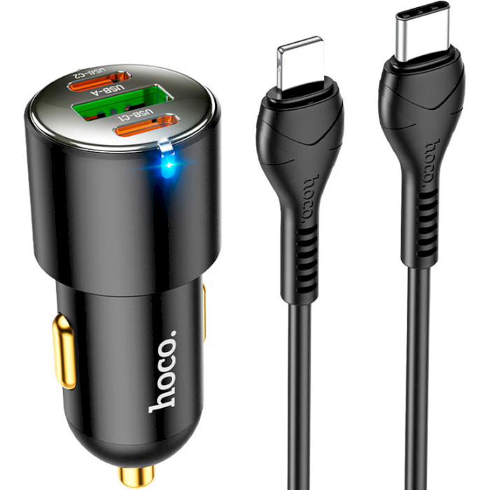 Автомобильное зарядное устройство HOCO NZ6 1xUSB-A, 2xUSB-C, PD45W, QC3.0 Black w/Type-C to Lightning cable (6931474765192)