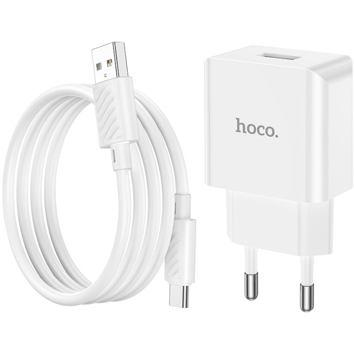 Зарядное устройство HOCO C106A Leisure 1xUSB-A, 2.1A White w/Type-C cable (6931474783912)