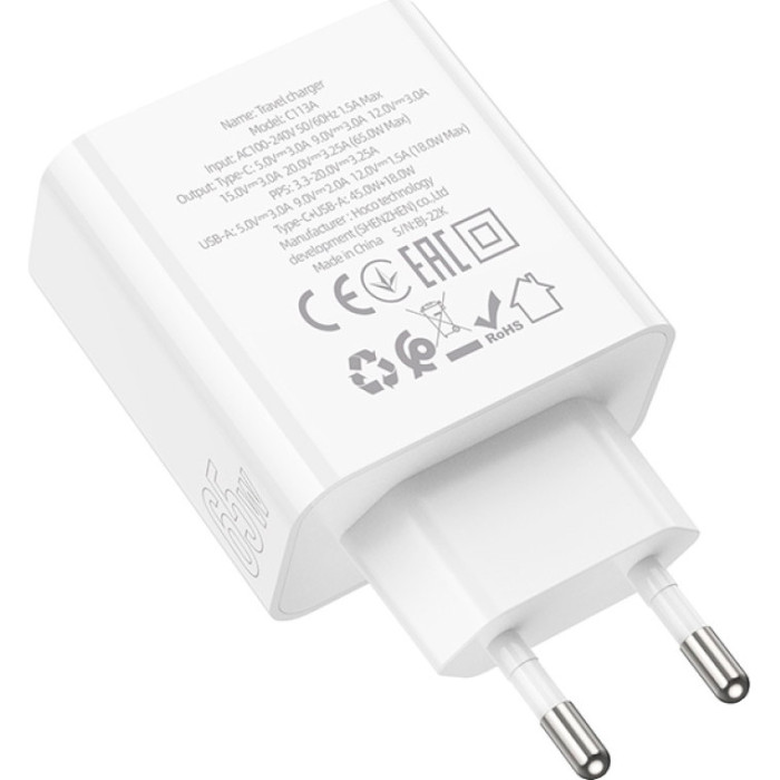 Зарядное устройство HOCO C113A Awesome 1xUSB-A, 1xUSB-C, PD65W, QC3.0 White (6931474790910)