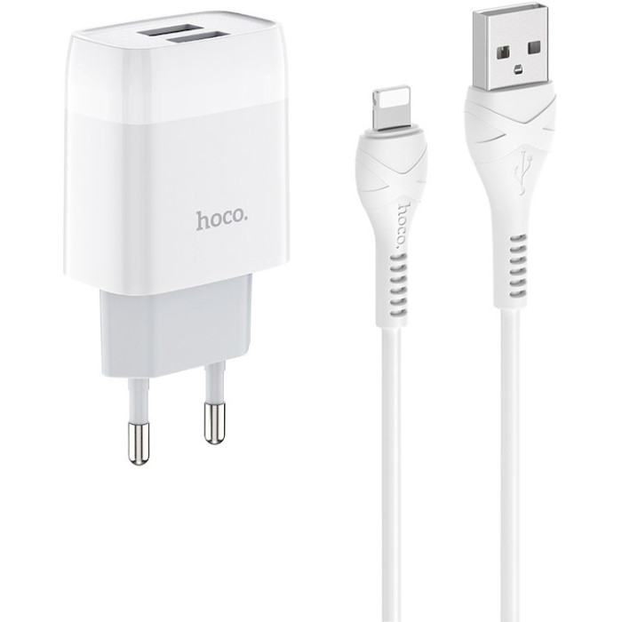 Зарядное устройство HOCO C73A Glorious 2xUSB, 2.4A White w/Lightning cable (6931474713056)