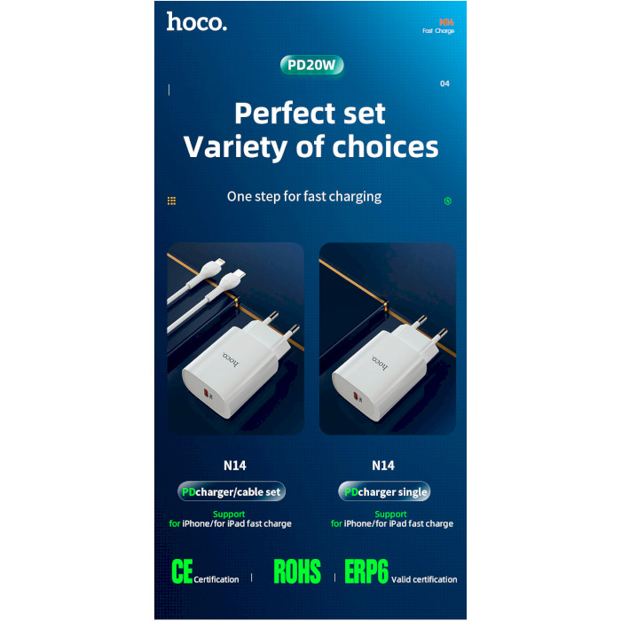 Зарядное устройство HOCO N14 Smart 1xUSB-C, PD20W White w/Type-C to Lightning cable (6931474745033)