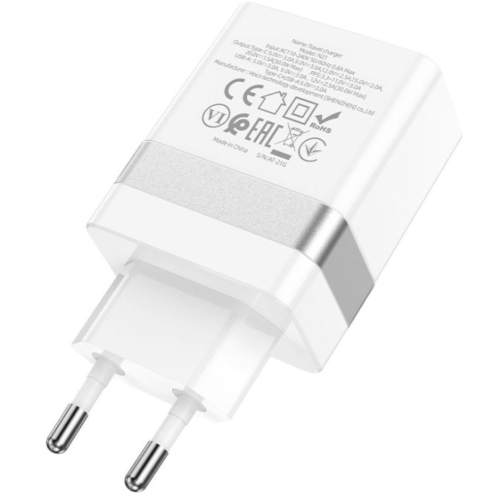 Зарядний пристрій HOCO N21 Topspeed 1xUSB-A, 1xUSB-C, PD30W, QC3.0 White (6931474757777)