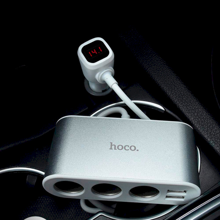 Зарядний пристрій HOCO Z13 2xUSB-A, 3xCar Charger, LCD Digital Display Silver (6957531050896)