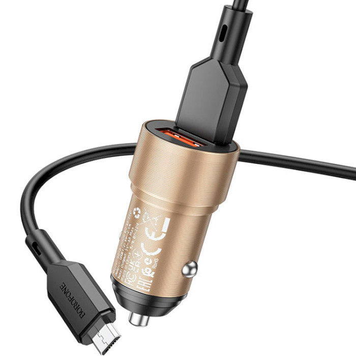 Автомобильное зарядное устройство BOROFONE BZ19 Wisdom 2xUSB-A, 2.4A Gold w/Micro-USB cable (BZ19MG)