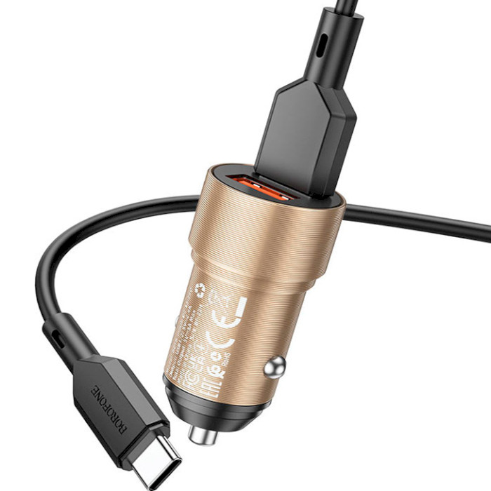 Автомобильное зарядное устройство BOROFONE BZ19 Wisdom 2xUSB-A, 2.4A Gold w/Type-C cable (BZ19CG)