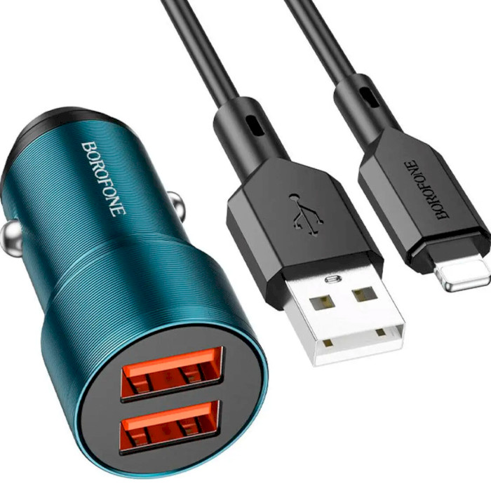 Автомобільний зарядний пристрій BOROFONE BZ19 Wisdom 2xUSB-A, 2.4A Sapphire Blue w/Lightning cable (BZ19LSU)