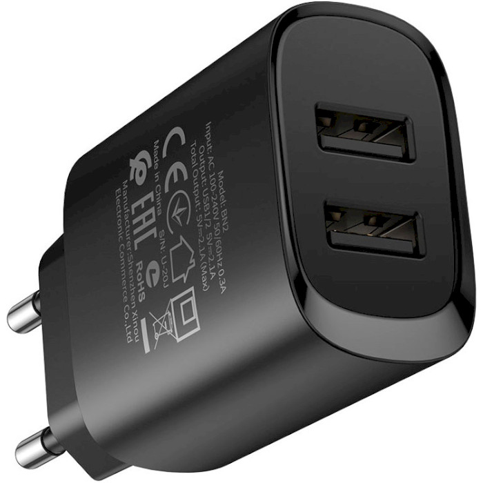 Зарядний пристрій BOROFONE BN2 Super Fast 2xUSB-A, 2.1A Black w/Lightning cable (BN2LB)