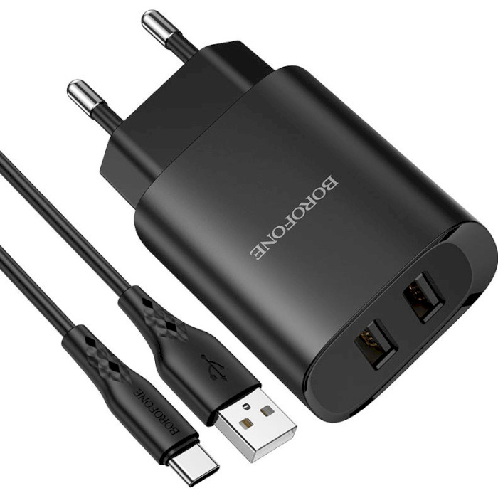 Зарядное устройство BOROFONE BN2 Super Fast 2xUSB-A, 2.1A Black w/Type-C cable (BN2TB)