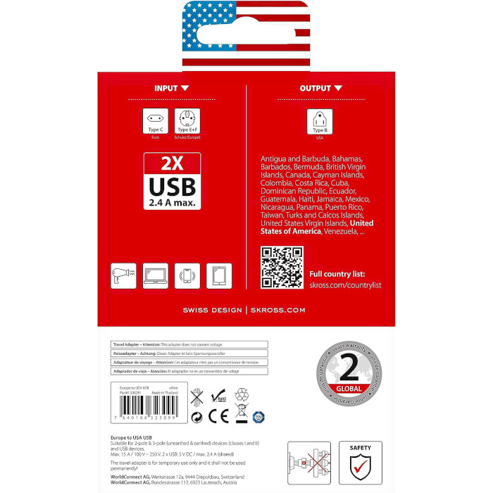 Переходник сетевой SKROSS Europe to USA USB White (1.500281)