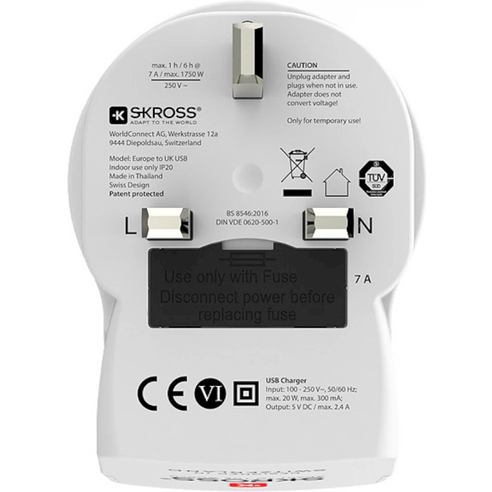 Переходник сетевой SKROSS Europe to UK USB White (1.500280)