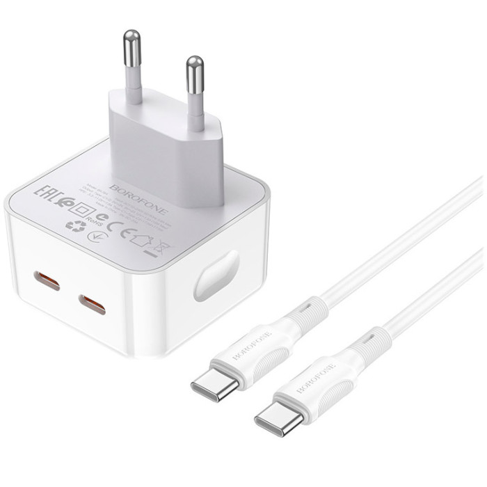 Зарядний пристрій BOROFONE BA76A Source 2xUSB-C, PD35W, QC3.0 White w/Type-C to Type-C cable (BA76ACCW)