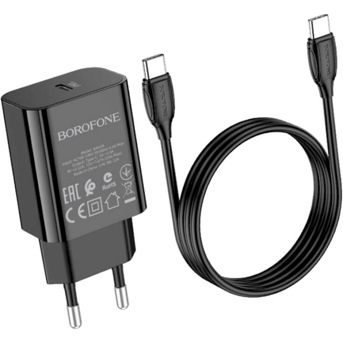 Зарядний пристрій BOROFONE BA65A 1xUSB-C, PD20W Black w/Type-C to Type-C cable