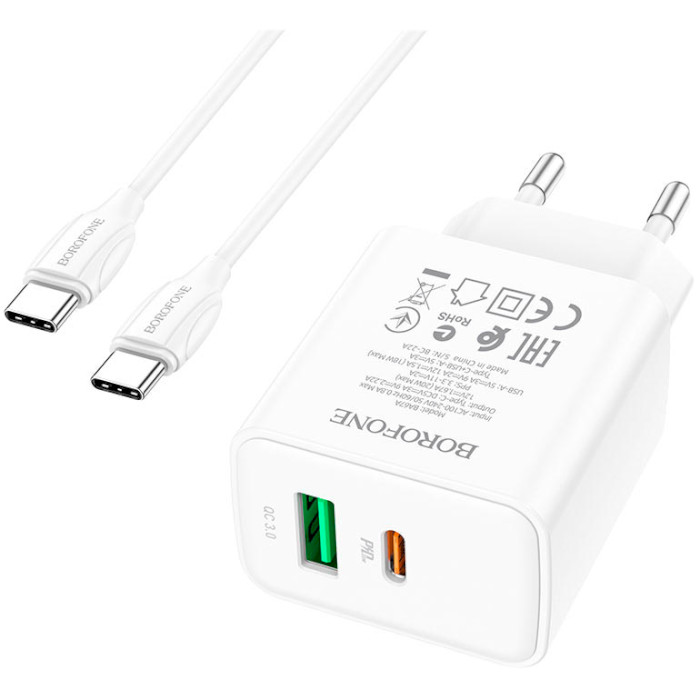 Зарядний пристрій BOROFONE BA67A 1xUSB-A, 1xUSB-C, PD20W, QC3.0 White w/Type-C to Type-C cable (BA67ACCW)