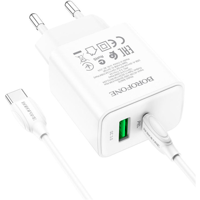 Зарядний пристрій BOROFONE BA67A 1xUSB-A, 1xUSB-C, PD20W, QC3.0 White w/Type-C to Type-C cable (BA67ACCW)