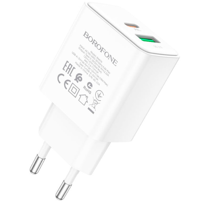 Зарядний пристрій BOROFONE BA67A 1xUSB-A, 1xUSB-C, PD20W, QC3.0 White w/Type-C to Type-C cable (BA67ACCW)