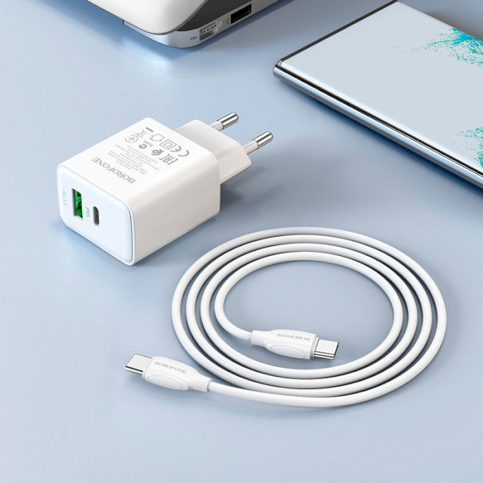 Зарядний пристрій BOROFONE BA67A 1xUSB-A, 1xUSB-C, PD20W, QC3.0 White w/Type-C to Type-C cable (BA67ACCW)