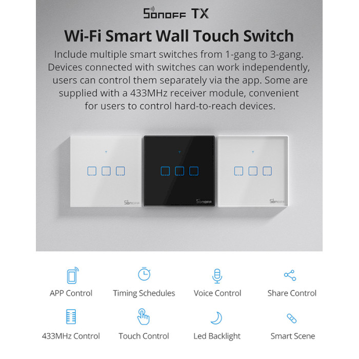 Умный выключатель SONOFF Smart Wall Touch Switch White (T2EU1C-TX)