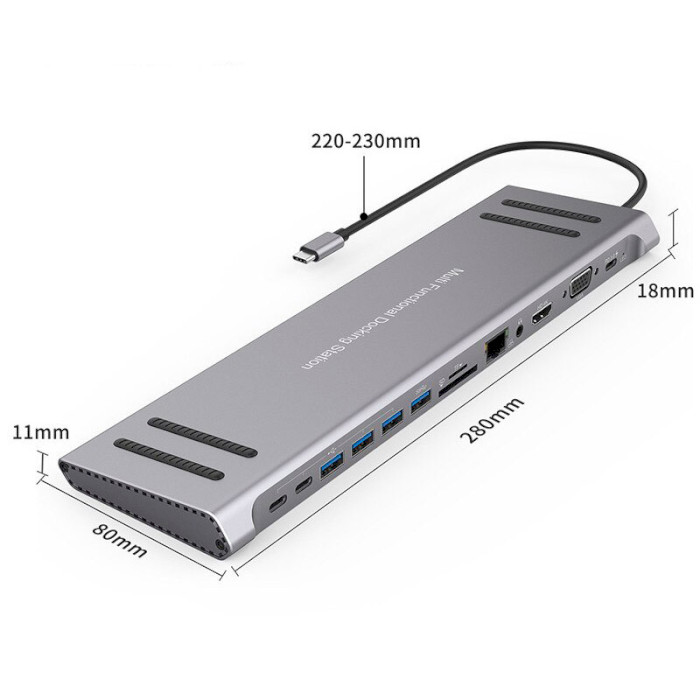 Док-станция для ноутбука XOKO AC-1400 14-in-1 USB-C to HDMI/VGA/1xUSB3.0/3xUSB2.0/2xUSB-C/1xUSB-C PD/RJ45/SD/MicroSD/AUX 3.5mm