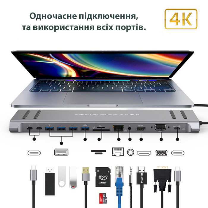Док-станція для ноутбука XOKO AC-1400 14-in-1 USB-C to HDMI/VGA/1xUSB3.0/3xUSB2.0/2xUSB-C/1xUSB-C PD/RJ45/SD/MicroSD/AUX 3.5mm
