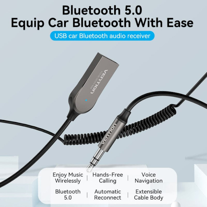 Bluetooth аудіо адаптер VENTION USB Car Bluetooth 5.0 Audio Receiver with Coiled Cable 1.5m (NAGHG)