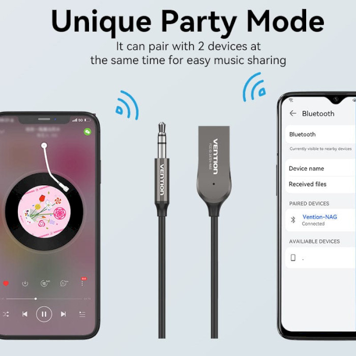 Bluetooth аудіо адаптер VENTION USB Car Bluetooth 5.0 Audio Receiver with Coiled Cable 1.5m (NAGHG)