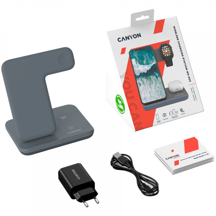 Бездротовий зарядний пристрій CANYON WS-303 Wireless Charging Station Dark Gray (CNS-WCS303DG)