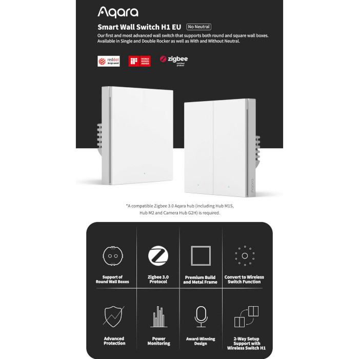 Умный выключатель AQARA Smart Wall Switch H1 2-gang (WS-EUK02)