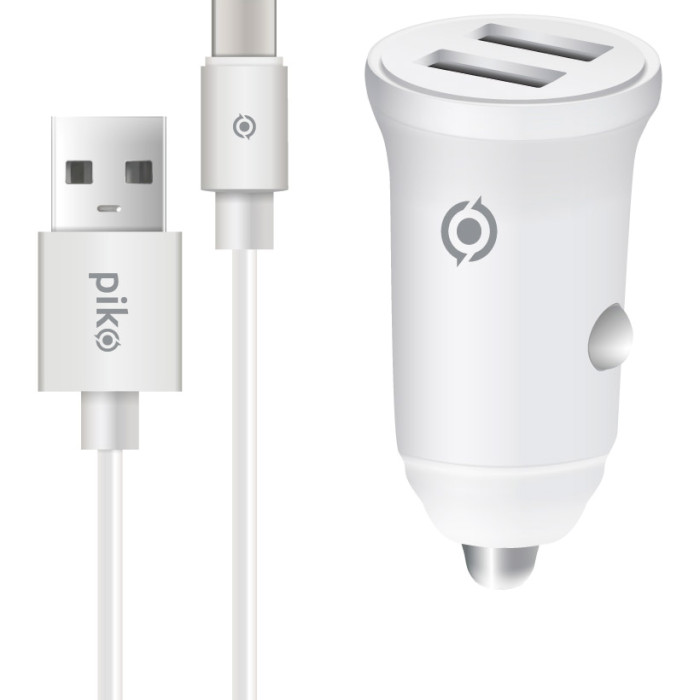 Автомобільний зарядний пристрій PIKO CC-312 2xUSB-A 3.1A White w/Type-C cable (1283126538803)