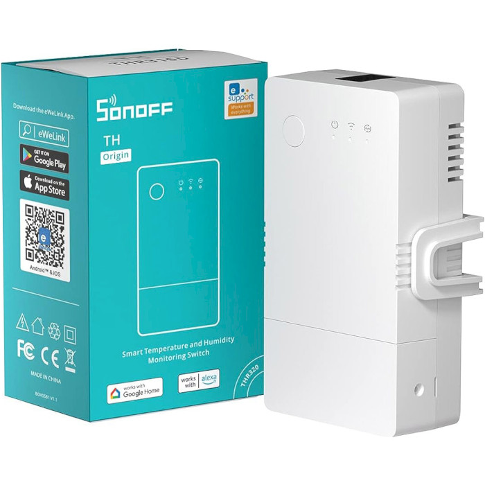 Wi-Fi вимикач-реле на DIN рейку з датчиком температури та вологості SONOFF TH16 Origin Smart Temperature and Humidity Monitoring Switch (THR316)