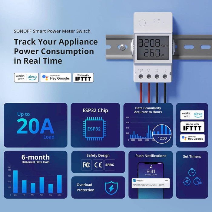 Wi-Fi вимикач-реле на DIN рейку SONOFF POW Elite R3 Smart Power Meter Switch (POWR320D)