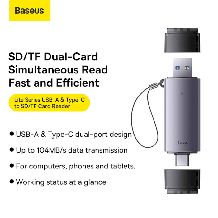 Кардридер BASEUS Lite Series USB-A & Type-C to SD/TF Gray (WKQX060113)