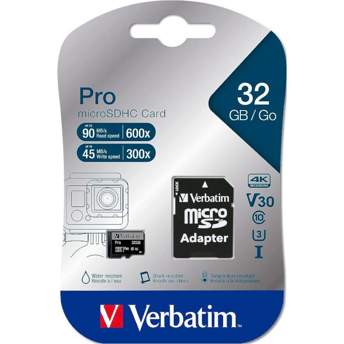 Карта памяти VERBATIM microSD Pro 32GB UHS-I U3 V30 A2 Class 10 + SD-adapter (47041)