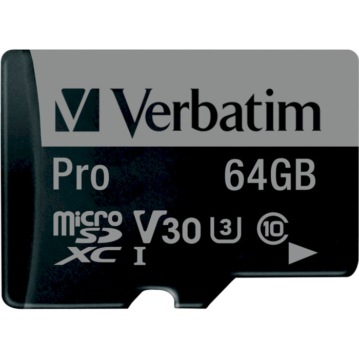 Карта памяти VERBATIM microSD Pro 64GB UHS-I U3 V30 A2 Class 10 + SD-adapter (47042)