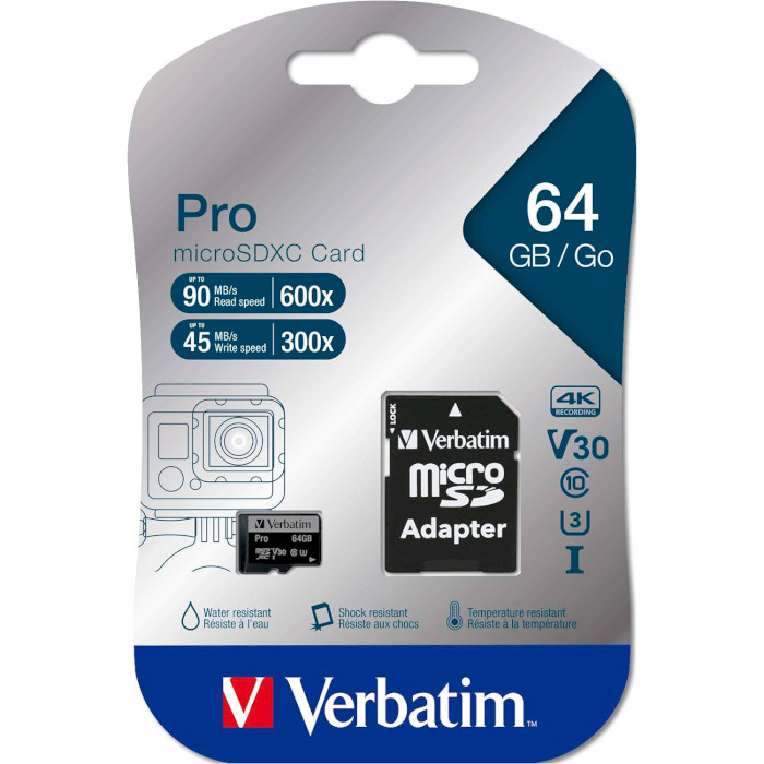 Карта пам'яті VERBATIM microSD Pro 64GB UHS-I U3 V30 A2 Class 10 + SD-adapter (47042)
