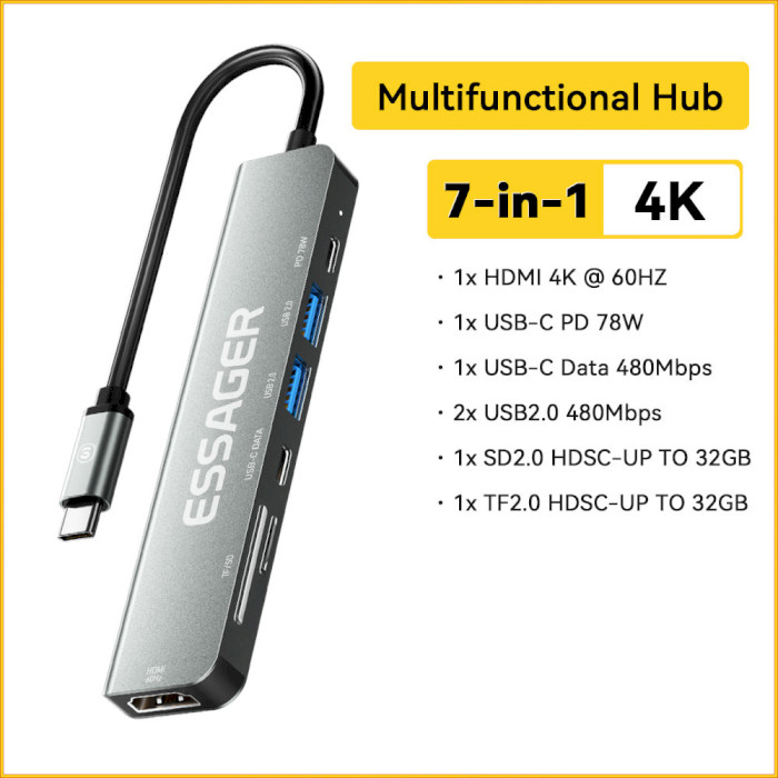 Порт-репликатор ESSAGER 7-in-1 USB-C to HDMI, USB-C, 2xUSB-A, TF/SD, PD60W (EHB07-QH0G-Z)