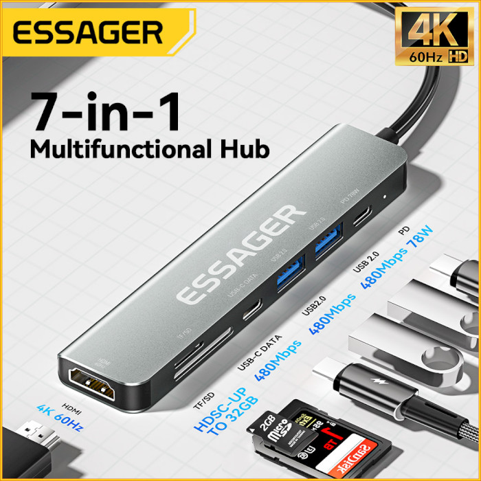 Порт-реплікатор ESSAGER 7-in-1 USB-C to HDMI, USB-C, 2xUSB-A, TF/SD, PD60W (EHB07-QH0G-Z)