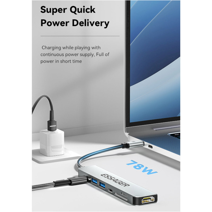 Порт-реплікатор ESSAGER 7-in-1 USB-C to HDMI, USB-C, 2xUSB-A, TF/SD, PD60W (EHB07-QH0G-Z)