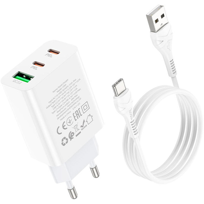 Зарядний пристрій HOCO C99A 1xUSB-A, 2xUSB-C, PD20W, QC3.0 White w/Type-C cable (6931474767585)