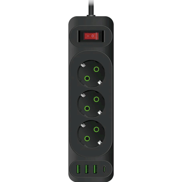 Мережевий фільтр MEILEPAI F23U Black, 3 розетки, 1xUSB-C, 3xUSB, 2м