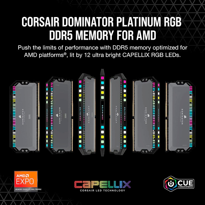 Модуль памяти CORSAIR Dominator Platinum RGB Gray DDR5 6000MHz 64GB Kit 2x32GB (CMT64GX5M2B6000Z30)