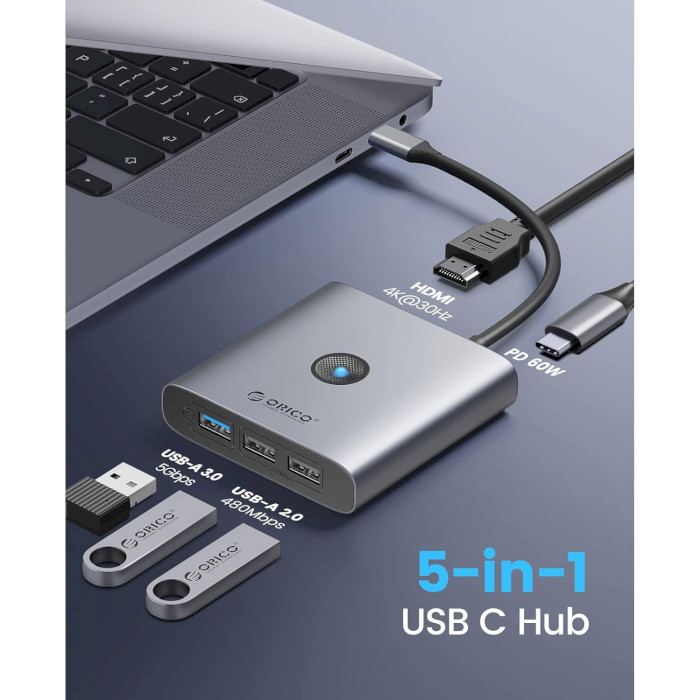 Порт-реплікатор ORICO 5-in-1 USB-C to 1xHDMI, 1xUSB-A3.0, 2xUSB-A2.0, PD60W