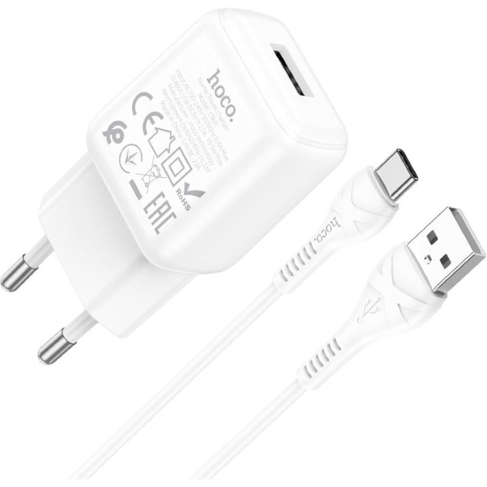 Зарядний пристрій HOCO C96A 1xUSB-A, 2.1A White w/Type-C cable (6931474766038)