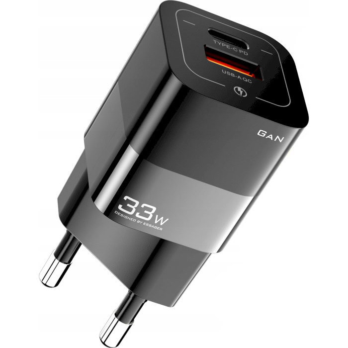 Зарядное устройство ESSAGER Square Brick 33W 1xUSB-A, 1xUSB-C GaN Travel Charger Black (ECTCA-FZB01)