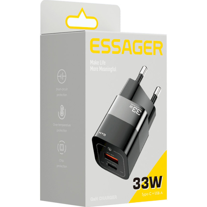 Зарядное устройство ESSAGER Square Brick 33W 1xUSB-A, 1xUSB-C GaN Travel Charger Black (ECTCA-FZB01)