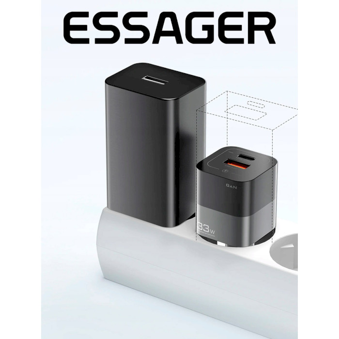 Зарядное устройство ESSAGER Square Brick 33W 1xUSB-A, 1xUSB-C GaN Travel Charger Black (ECTCA-FZB01)