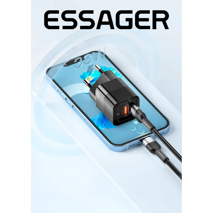 Зарядное устройство ESSAGER Square Brick 33W 1xUSB-A, 1xUSB-C GaN Travel Charger Black (ECTCA-FZB01)