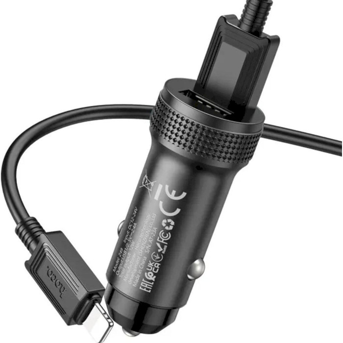 Автомобільний зарядний пристрій HOCO Z49A 2xUSB-A, QC3.0 18W Black w/Lightning cable (6931474795625)